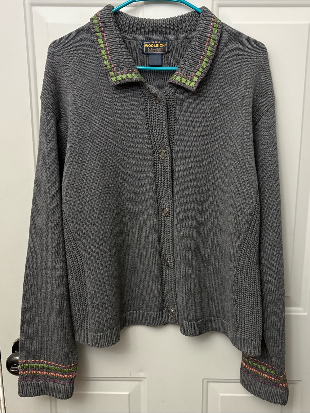 Woolrich Gray Button-Front Knit Cardigan with Green and Pink Trim